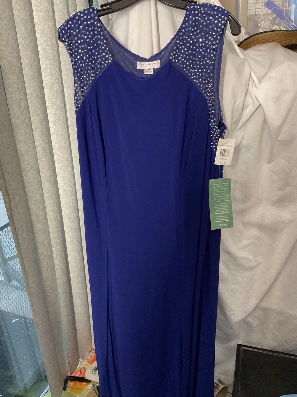 Jackie Jon Sapphire Blue Beaded Cap-Sleeve Maxi Dress